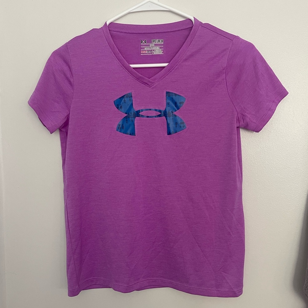 Under Armour Girls Purple HeatGear Loose V-neck Short Sleeve Shirt w/ Blue UA